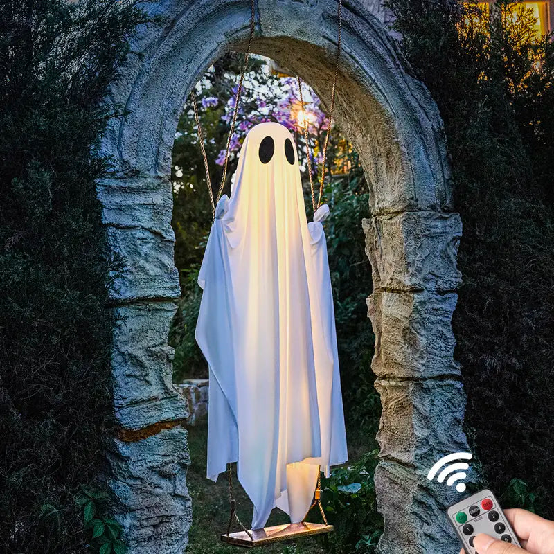 Halloween Decorations Outdoor - 5 FT Large Hanging Swing Ghost with Remote Controlled Warm LED Lights, Cute & Spooky Halloween Ornament for Tree, Yard, Front Porch, Garden
