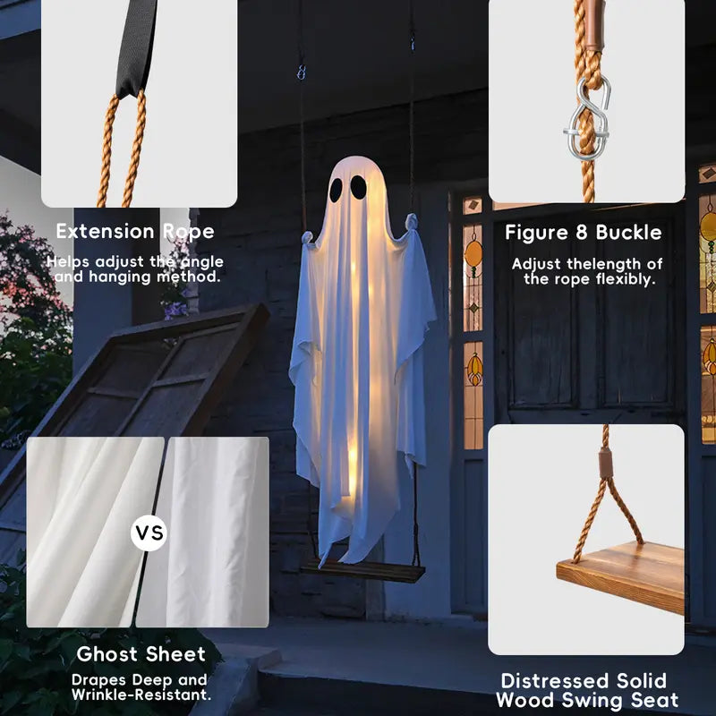 Halloween Decorations Outdoor - 5 FT Large Hanging Swing Ghost with Remote Controlled Warm LED Lights, Cute & Spooky Halloween Ornament for Tree, Yard, Front Porch, Garden