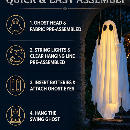 Halloween Decorations Outdoor - 5 FT Large Hanging Swing Ghost with Remote Controlled Warm LED Lights, Cute & Spooky Halloween Ornament for Tree, Yard, Front Porch, Garden