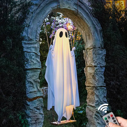 Halloween Decorations Outdoor - 5 FT Large Hanging Swing Ghost with Remote Controlled Warm LED Lights, Cute & Spooky Halloween Ornament for Tree, Yard, Front Porch, Garden