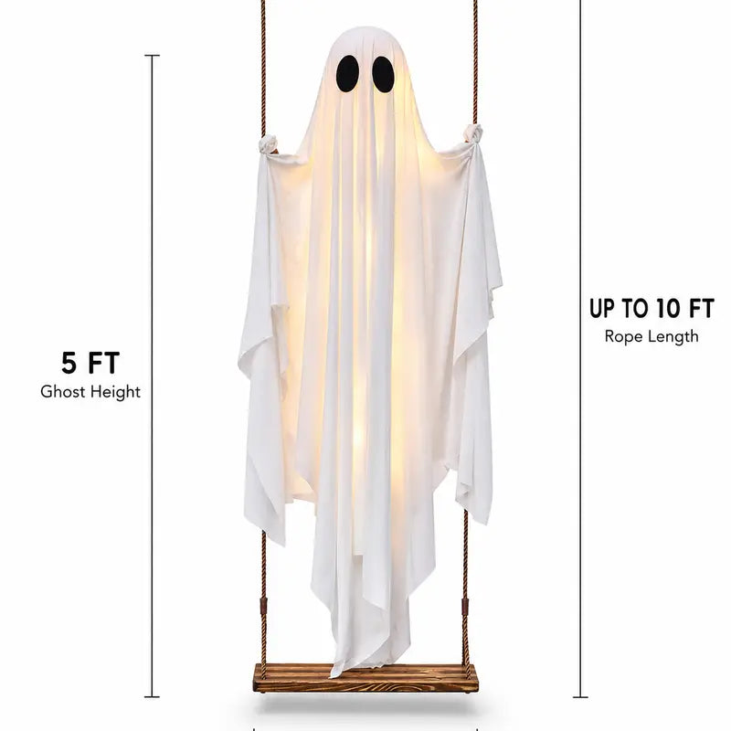 Halloween Decorations Outdoor - 5 FT Large Hanging Swing Ghost with Remote Controlled Warm LED Lights, Cute & Spooky Halloween Ornament for Tree, Yard, Front Porch, Garden