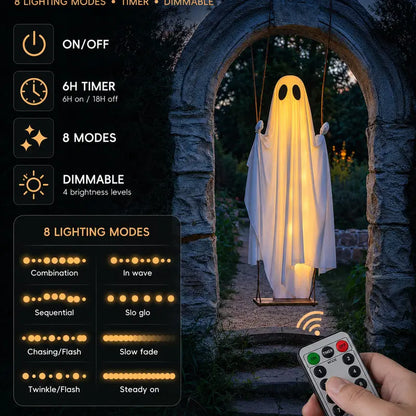 Halloween Decorations Outdoor - 5 FT Large Hanging Swing Ghost with Remote Controlled Warm LED Lights, Cute & Spooky Halloween Ornament for Tree, Yard, Front Porch, Garden