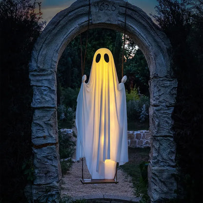 Halloween Decorations Outdoor - 5 FT Large Hanging Swing Ghost with Remote Controlled Warm LED Lights, Cute & Spooky Halloween Ornament for Tree, Yard, Front Porch, Garden